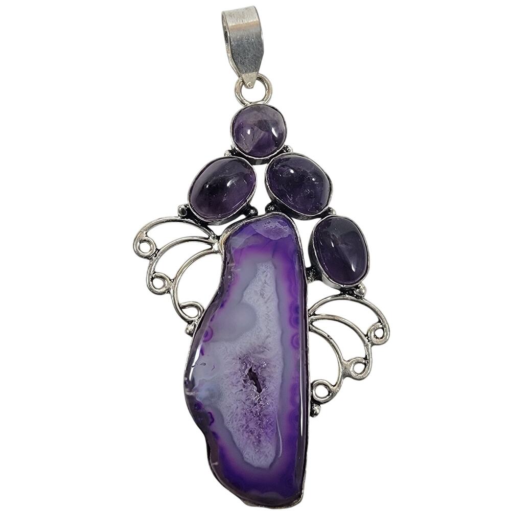 Handmade Silver Pendant – Purple Druzy Agate & Amethyst + 20" Silver Snake Chain
